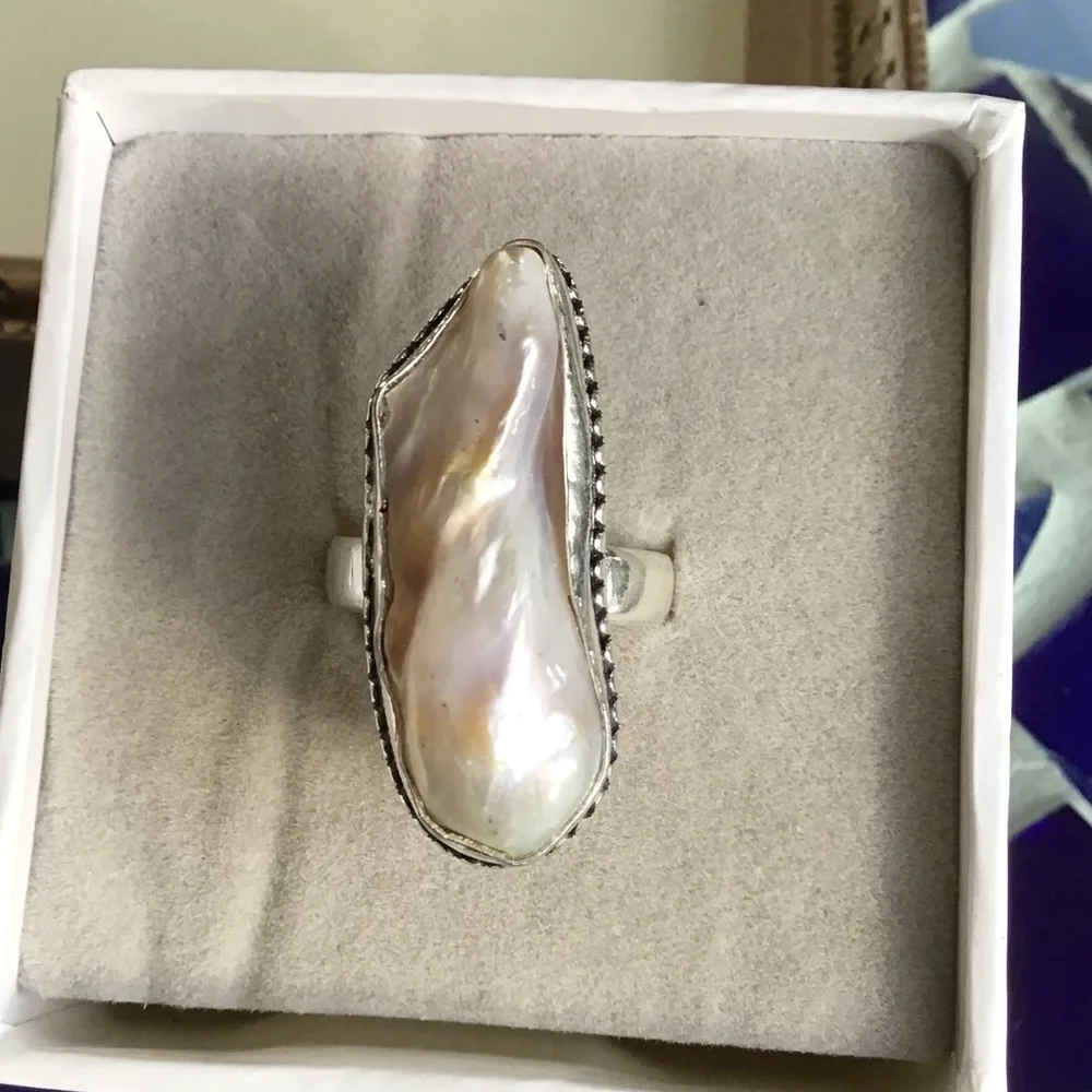 Sterling Silver Genuine Biwa Pearl Large Ring Size 8 New - Picture 2 of 5